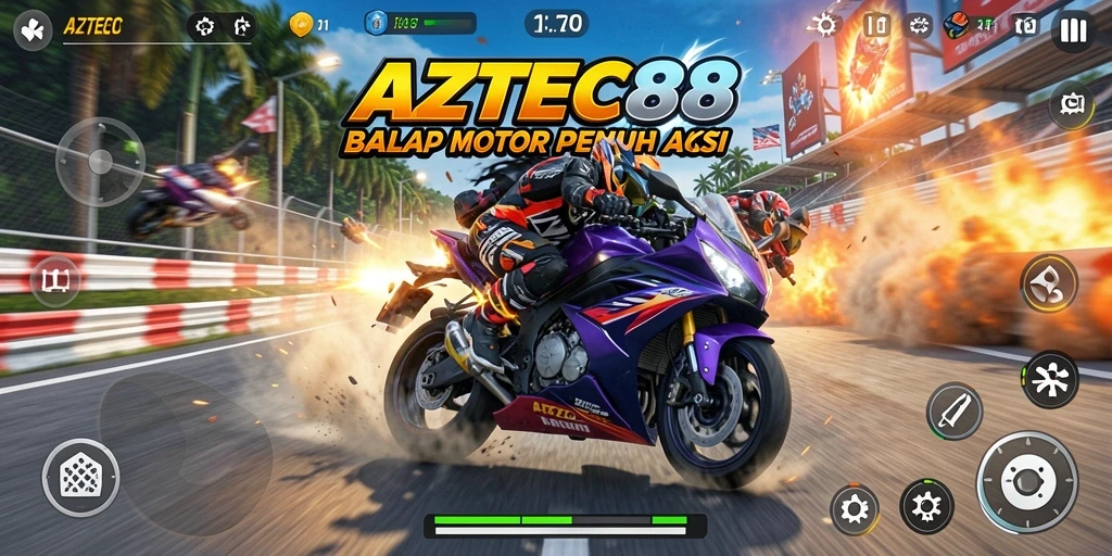 Gameplay AZTEC88 yang mendebarkan dengan balapan motor yang cepat.