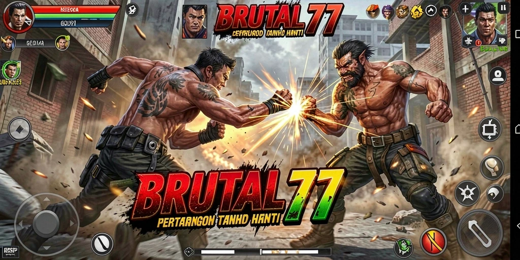Tangkapan layar gameplay BRUTAL77 yang penuh aksi dan intens.