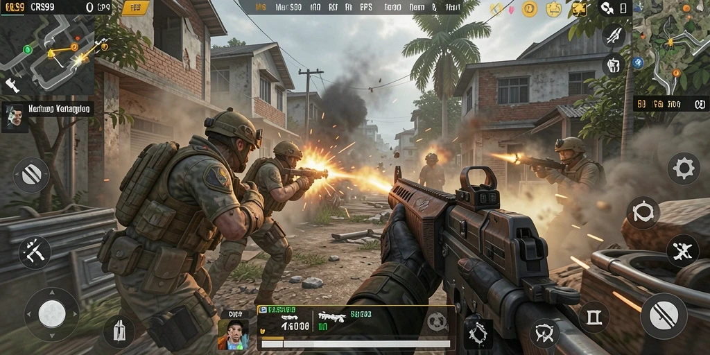 Screenshot utama menunjukkan aksi menegangkan dalam permainan FPS.