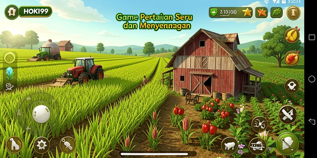 Tampilan gameplay HOKI99 yang menampilkan ladang yang subur dan tanaman yang tumbuh.