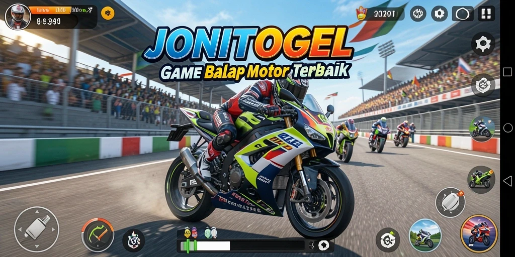 Screenshot gameplay <strong>JONITOGEL</strong> yang menampilkan aksi balap motor yang mendebarkan.