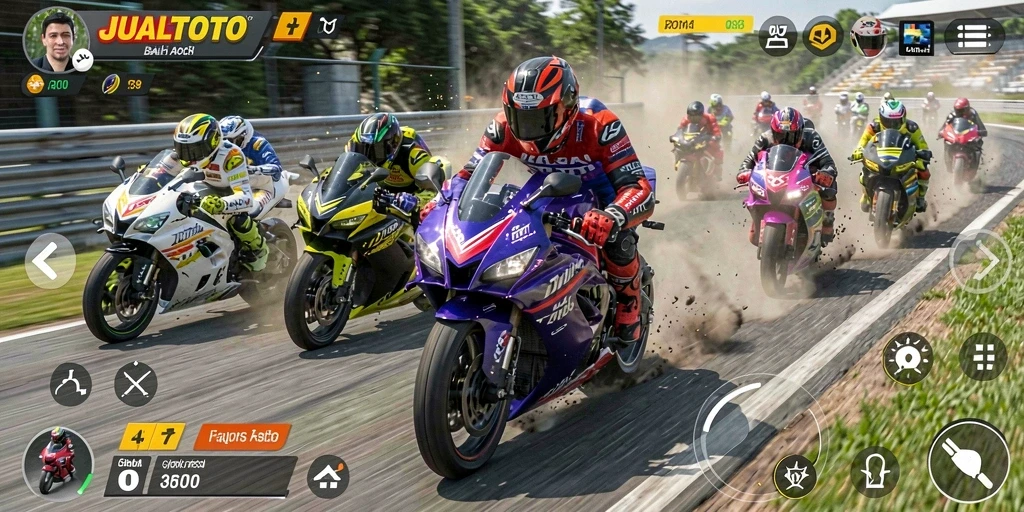 Screenshot gameplay JUALTOTO menunjukkan balapan motor yang mendebarkan.