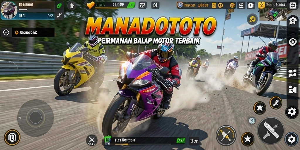 Screenshot gameplay MANADOTOTO yang menunjukkan balap motor yang mendebarkan.