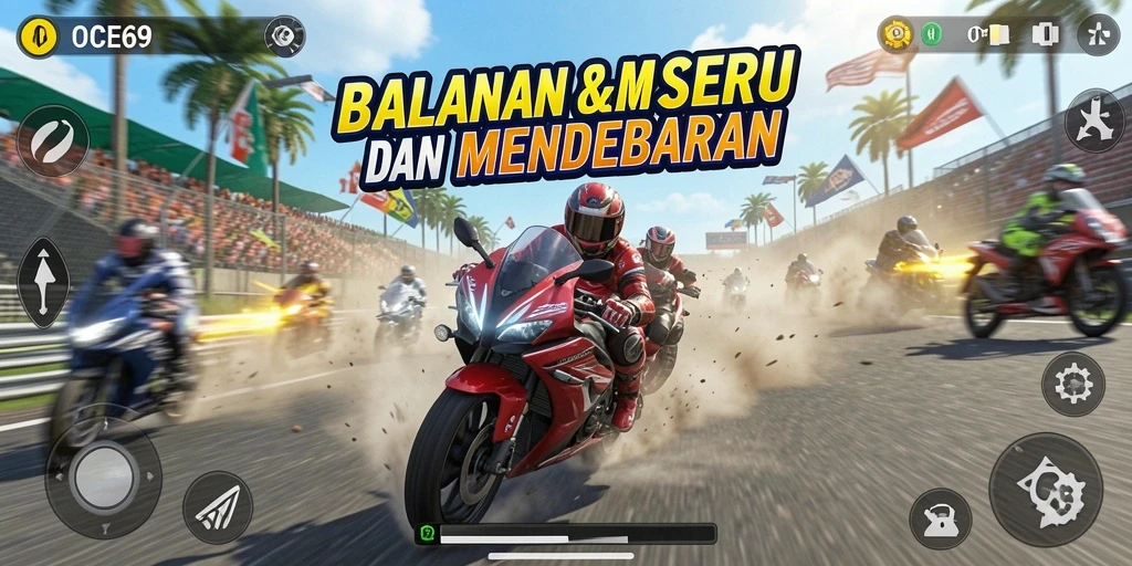 Screenshot OCE69 menampilkan aksi balapan motor yang intens.