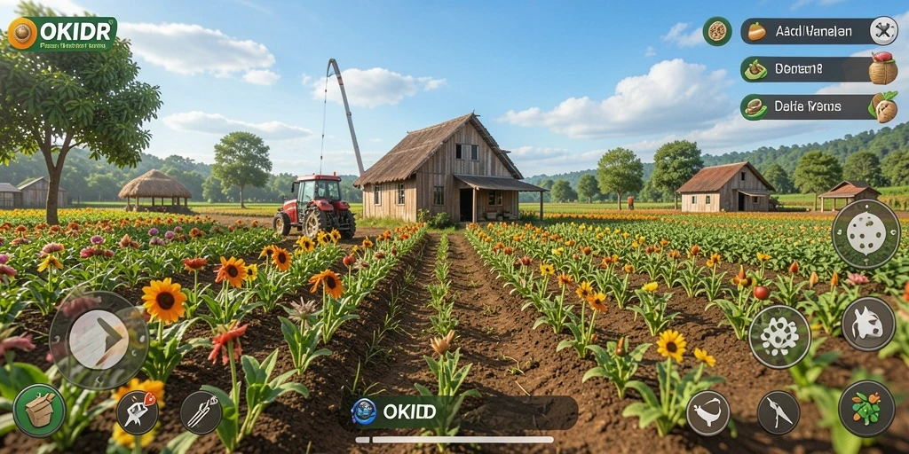 Screenshot utama dari OKIDR menunjukkan gameplay seru dalam berkebun.