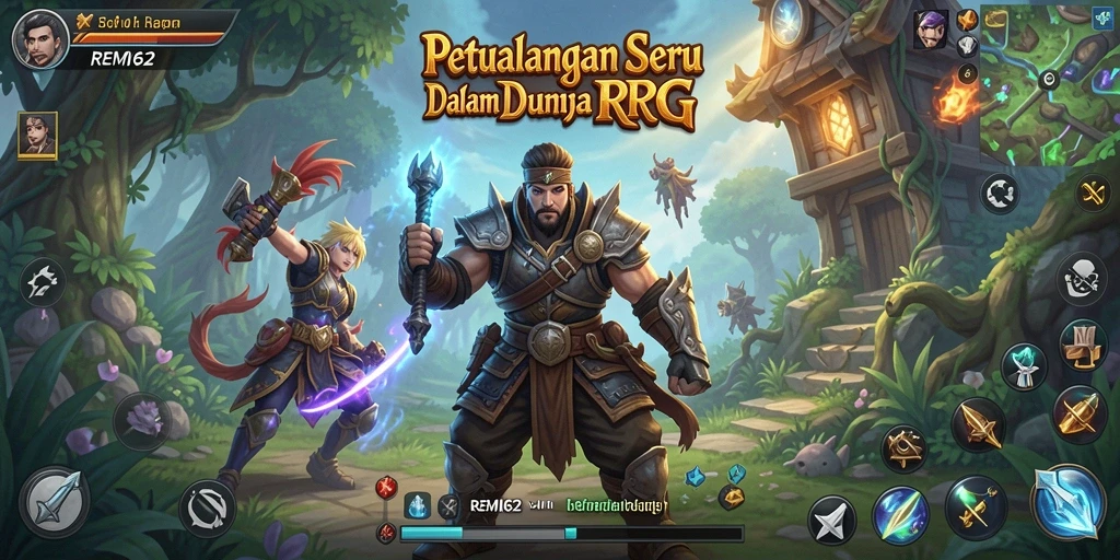 Screenshot menunjukkan pertarungan seru dalam dunia RPG yang kaya.
