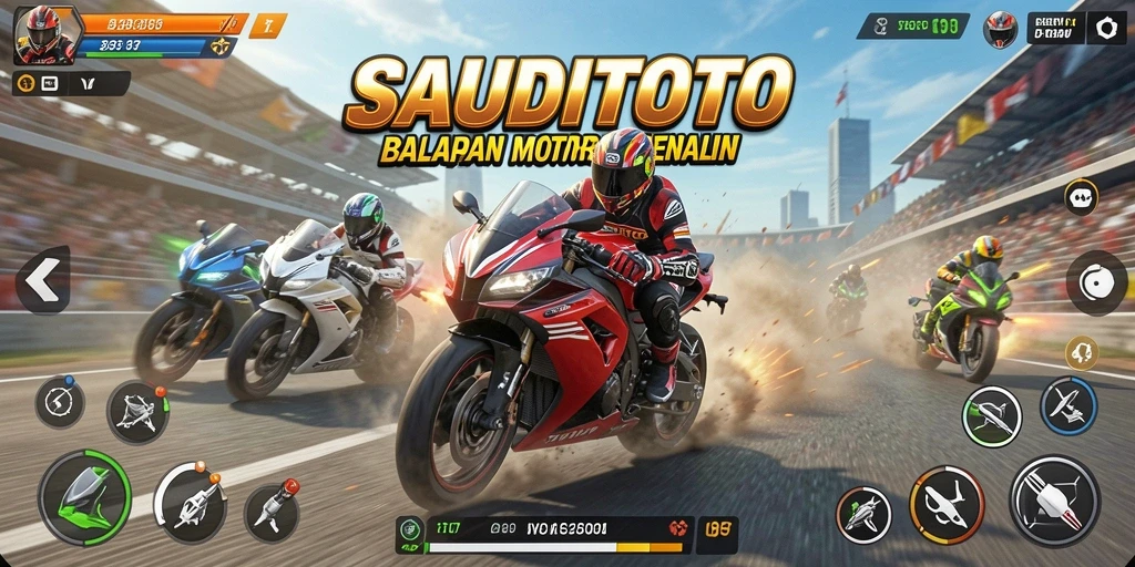 Tangkapan layar gameplay SAUDITOTO menampilkan aksi balapan motor yang seru.