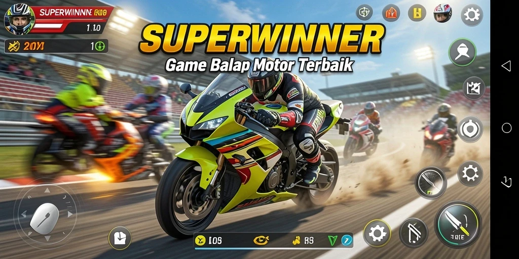 Tangkapan layar SUPERWINNER menampilkan aksi balap yang mendebarkan.