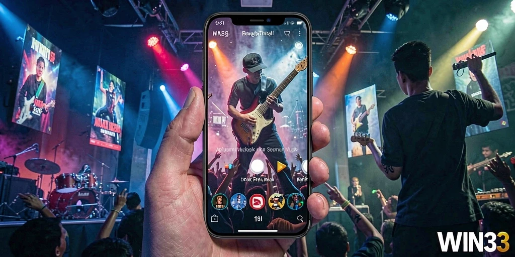 Screenshot WIN33 menampilkan antarmuka pengguna saat mendengarkan musik.