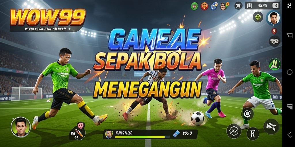 Tangkapan layar dari gameplay WOW99 yang menampilkan aksi di lapangan sepak bola.